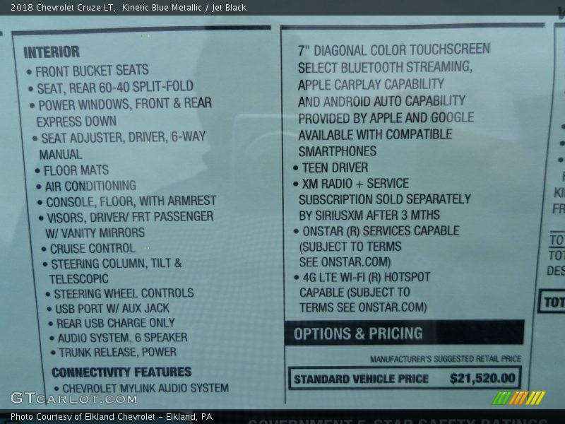 Kinetic Blue Metallic / Jet Black 2018 Chevrolet Cruze LT