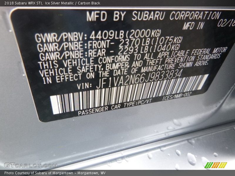 Ice Silver Metallic / Carbon Black 2018 Subaru WRX STI