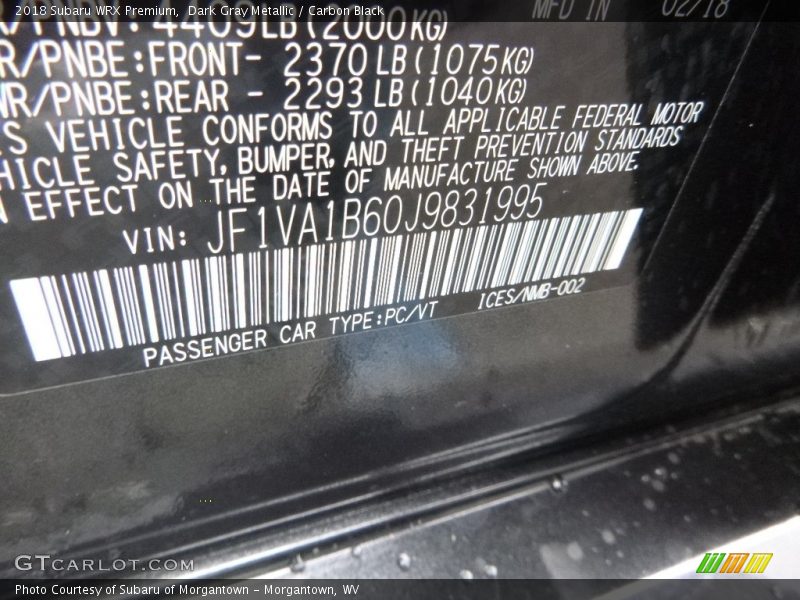 Dark Gray Metallic / Carbon Black 2018 Subaru WRX Premium
