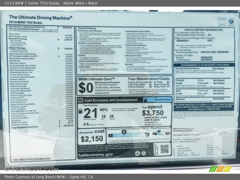  2019 7 Series 750i Sedan Window Sticker