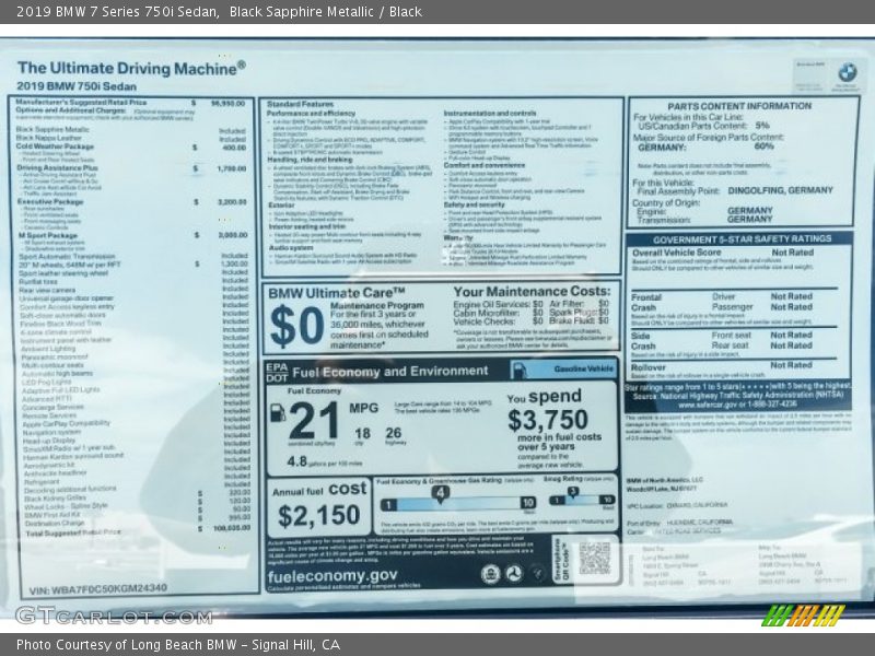  2019 7 Series 750i Sedan Window Sticker