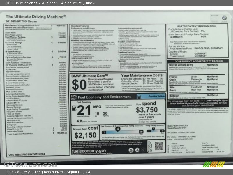  2019 7 Series 750i Sedan Window Sticker