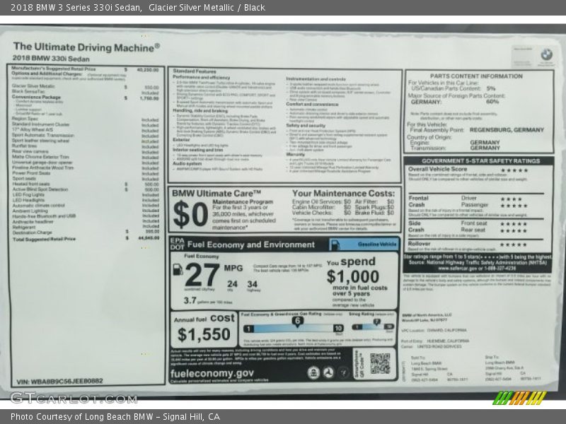  2018 3 Series 330i Sedan Window Sticker