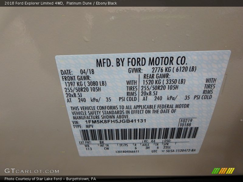 2018 Explorer Limited 4WD Platinum Dune Color Code BK