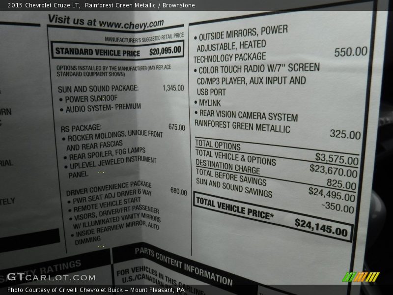 Rainforest Green Metallic / Brownstone 2015 Chevrolet Cruze LT