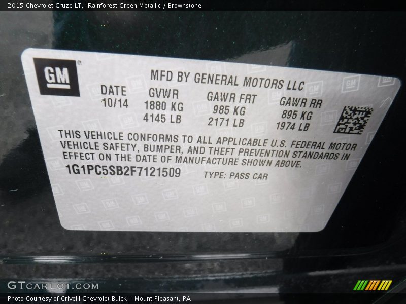 Rainforest Green Metallic / Brownstone 2015 Chevrolet Cruze LT