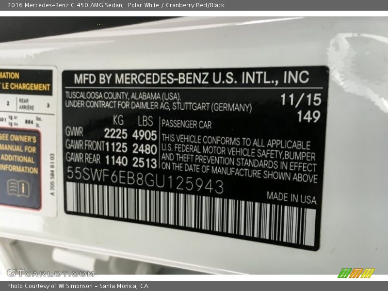 Polar White / Cranberry Red/Black 2016 Mercedes-Benz C 450 AMG Sedan