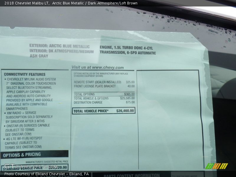 Arctic Blue Metallic / Dark Atmosphere/Loft Brown 2018 Chevrolet Malibu LT