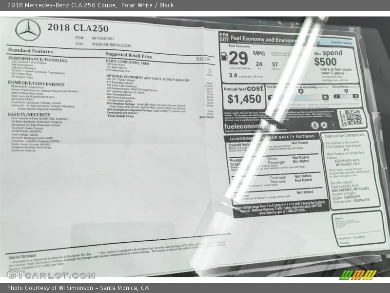  2018 CLA 250 Coupe Window Sticker