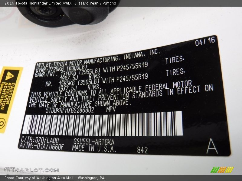 Blizzard Pearl / Almond 2016 Toyota Highlander Limited AWD