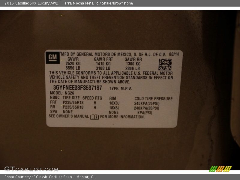 Terra Mocha Metallic / Shale/Brownstone 2015 Cadillac SRX Luxury AWD