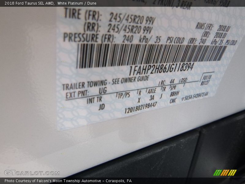 2018 Taurus SEL AWD White Platinum Color Code UG