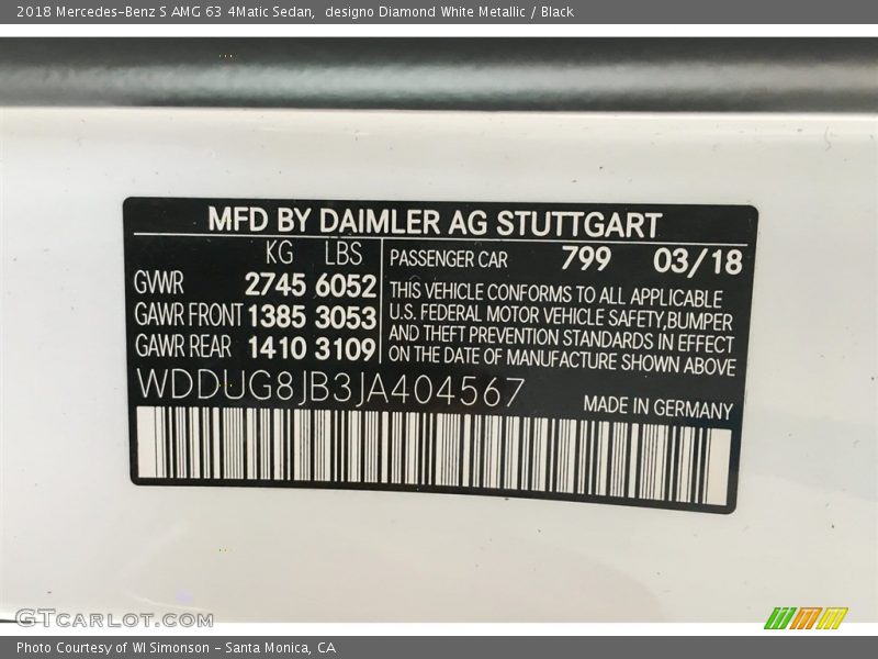 2018 S AMG 63 4Matic Sedan designo Diamond White Metallic Color Code 799