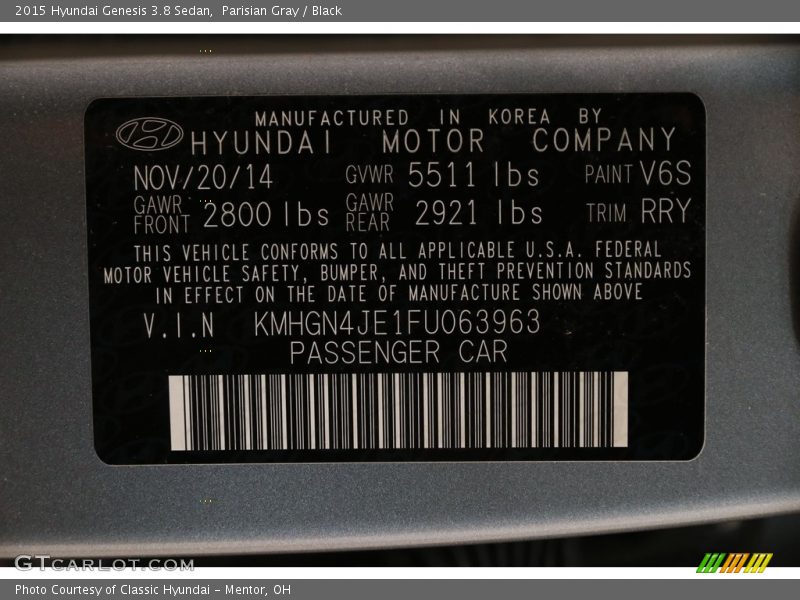 Parisian Gray / Black 2015 Hyundai Genesis 3.8 Sedan