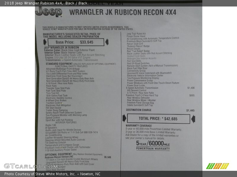  2018 Wrangler Rubicon 4x4 Window Sticker