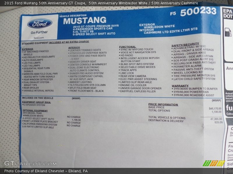 50th Anniversary Wimbledon White / 50th Anniversary Cashmere 2015 Ford Mustang 50th Anniversary GT Coupe