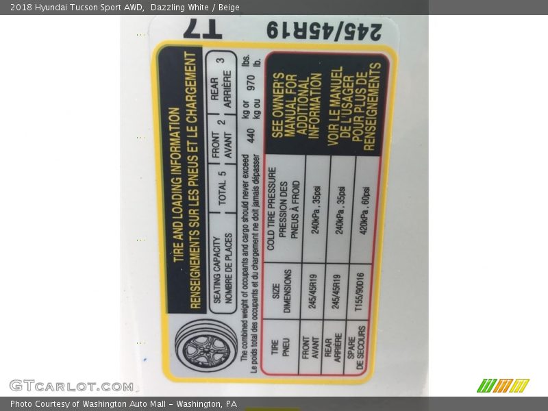 Info Tag of 2018 Tucson Sport AWD