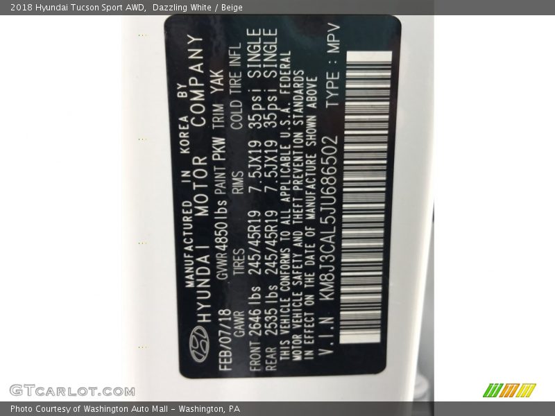Dazzling White / Beige 2018 Hyundai Tucson Sport AWD