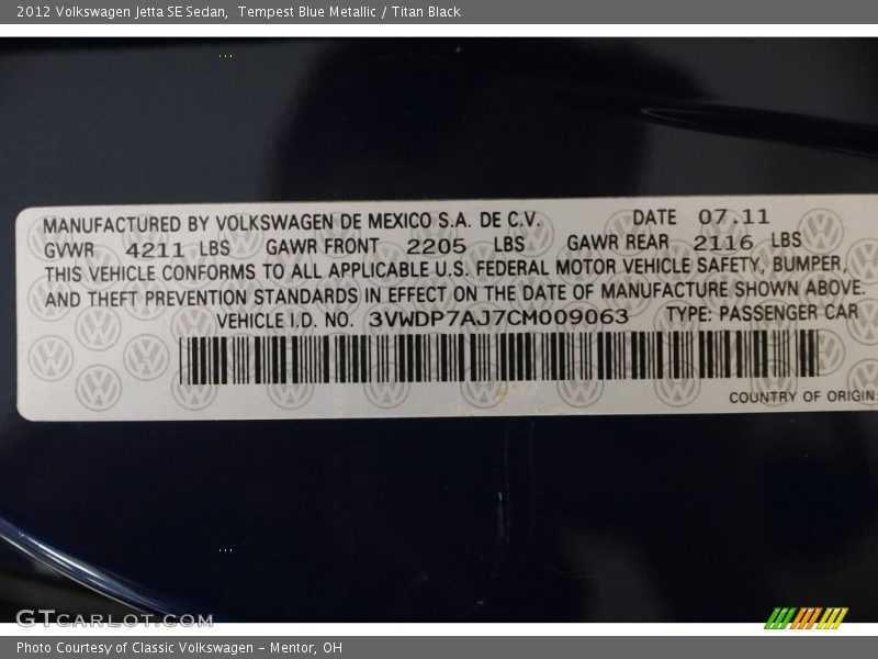 Tempest Blue Metallic / Titan Black 2012 Volkswagen Jetta SE Sedan