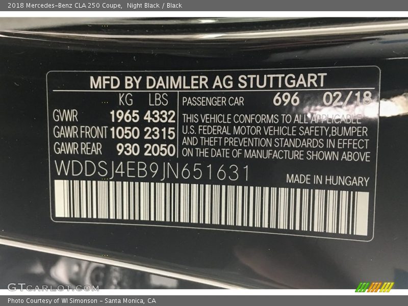 Night Black / Black 2018 Mercedes-Benz CLA 250 Coupe