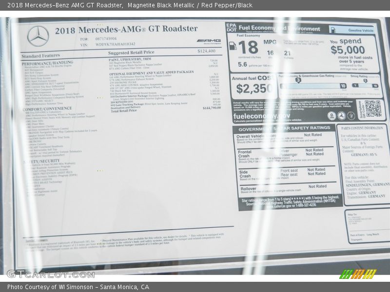  2018 AMG GT Roadster Window Sticker