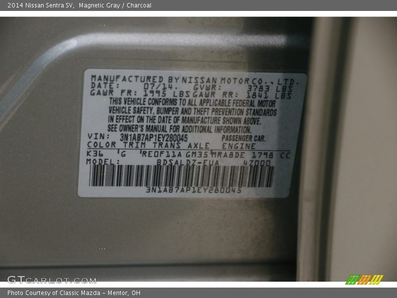 Magnetic Gray / Charcoal 2014 Nissan Sentra SV