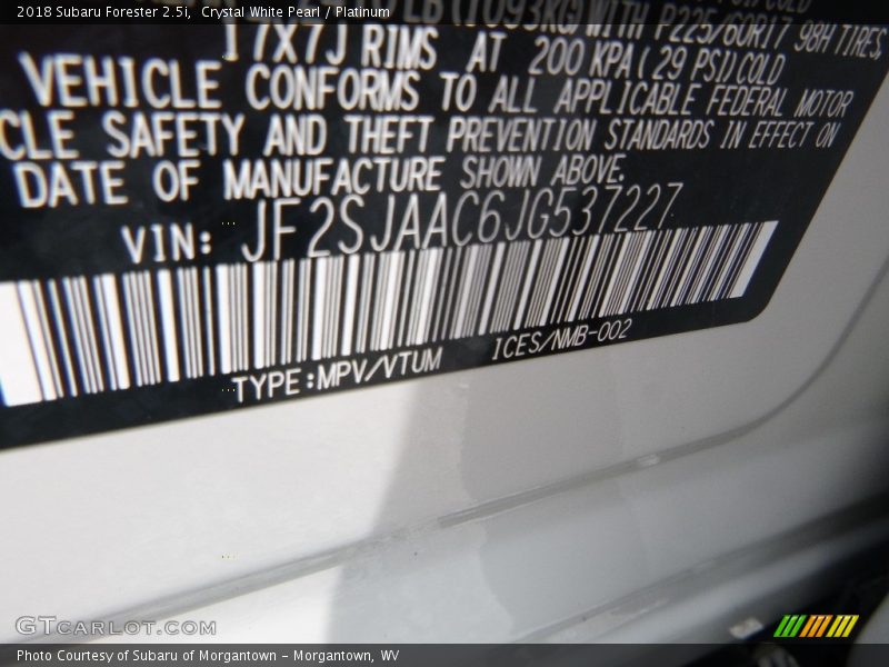 Crystal White Pearl / Platinum 2018 Subaru Forester 2.5i