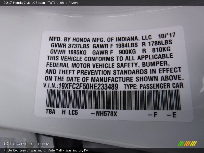Taffeta White / Ivory 2017 Honda Civic LX Sedan