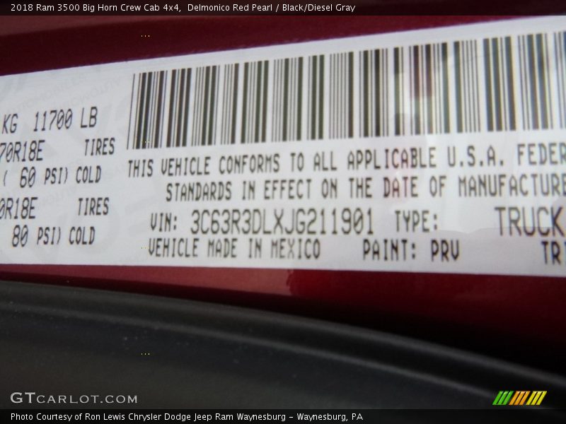 Delmonico Red Pearl / Black/Diesel Gray 2018 Ram 3500 Big Horn Crew Cab 4x4