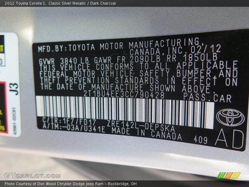 Classic Silver Metallic / Dark Charcoal 2012 Toyota Corolla S