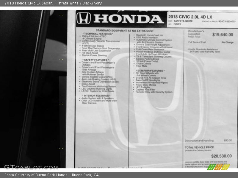 Taffeta White / Black/Ivory 2018 Honda Civic LX Sedan