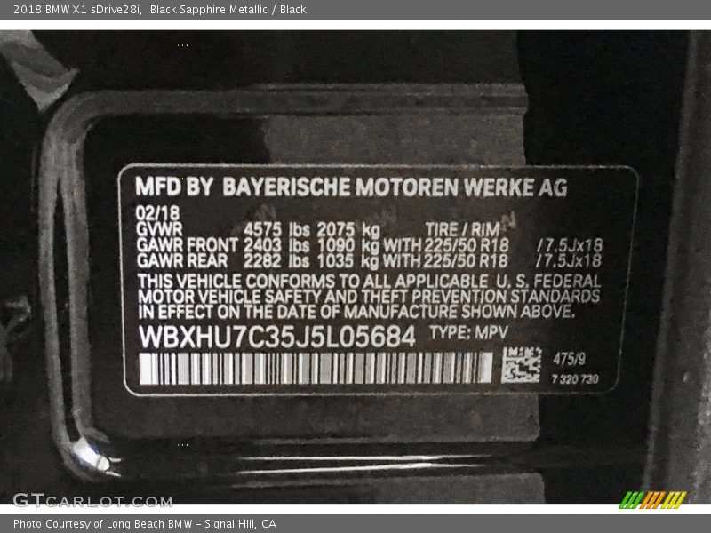 2018 X1 sDrive28i Black Sapphire Metallic Color Code 475