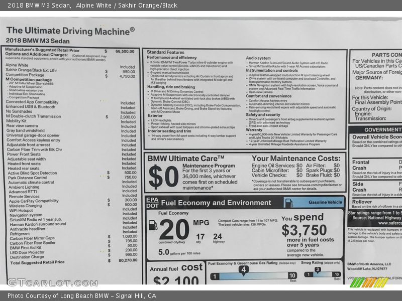 Alpine White / Sakhir Orange/Black 2018 BMW M3 Sedan