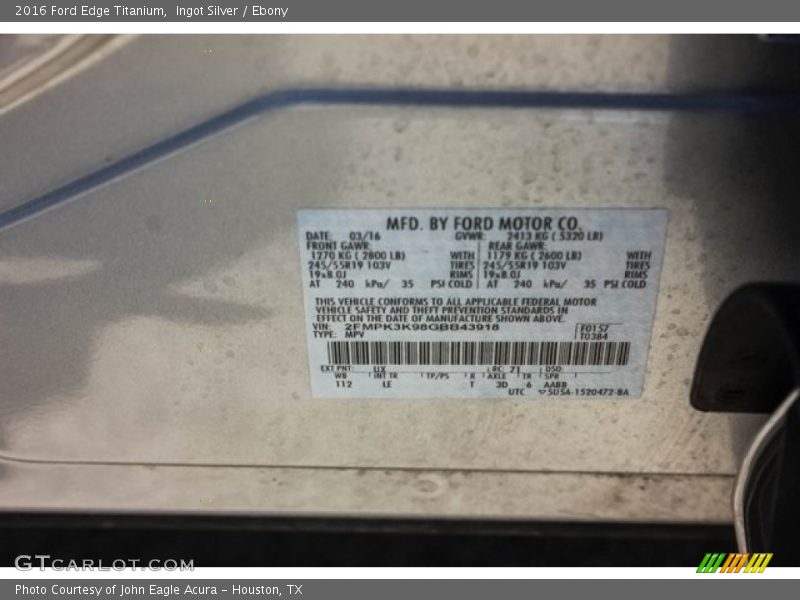 Ingot Silver / Ebony 2016 Ford Edge Titanium