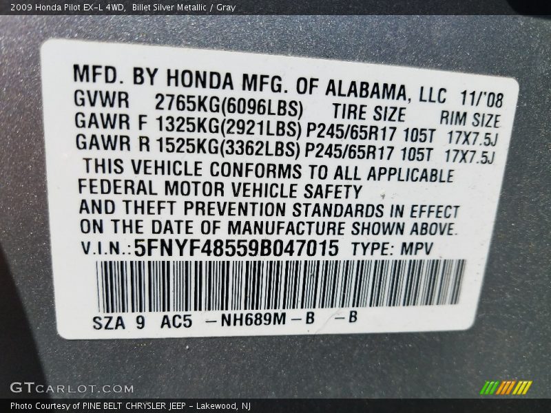 Billet Silver Metallic / Gray 2009 Honda Pilot EX-L 4WD