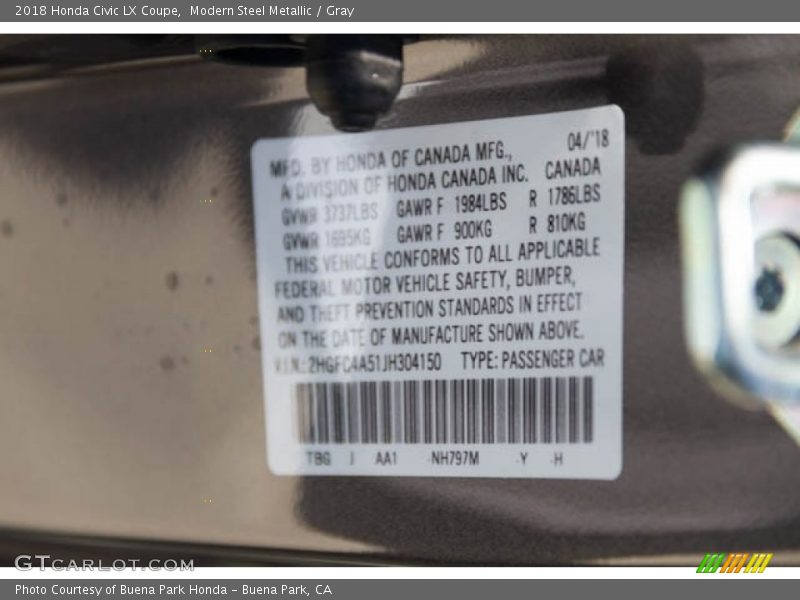 Modern Steel Metallic / Gray 2018 Honda Civic LX Coupe