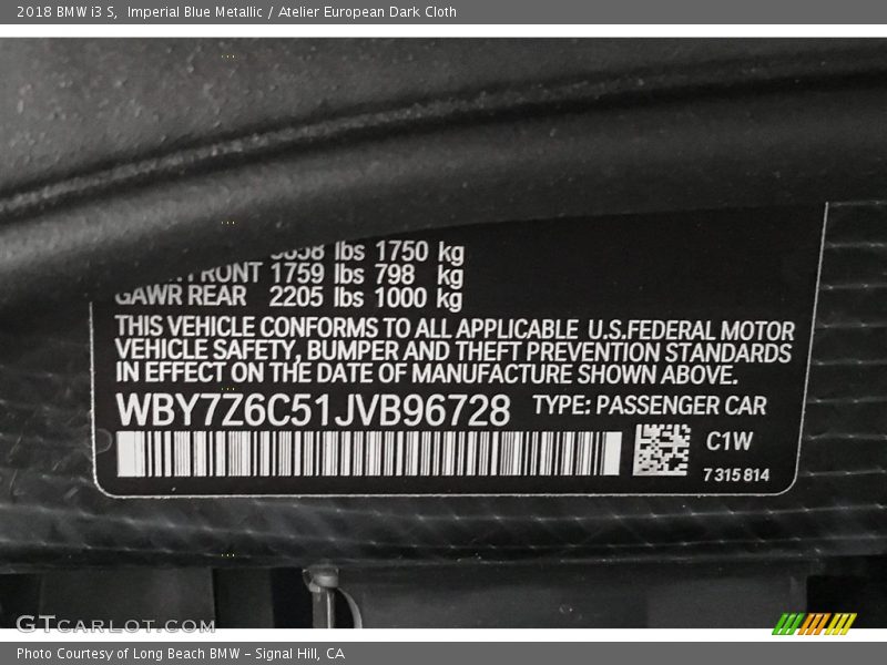 Imperial Blue Metallic / Atelier European Dark Cloth 2018 BMW i3 S