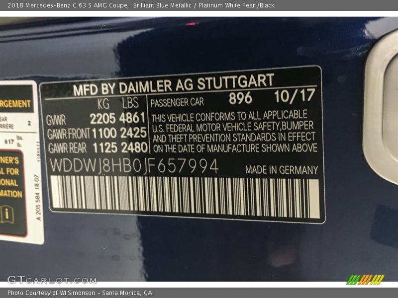 2018 C 63 S AMG Coupe Brilliant Blue Metallic Color Code 896