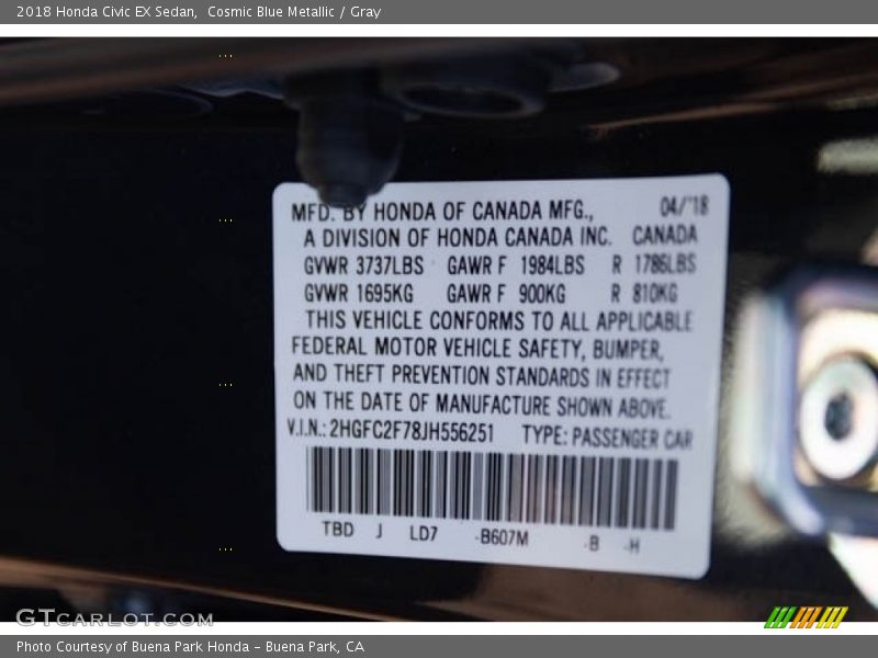 Cosmic Blue Metallic / Gray 2018 Honda Civic EX Sedan