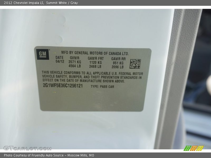 Summit White / Gray 2012 Chevrolet Impala LS