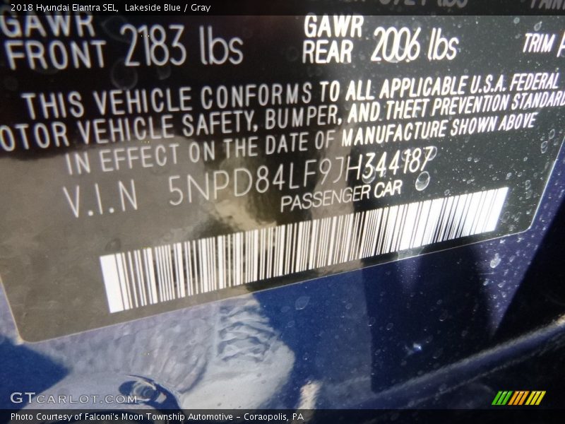 Lakeside Blue / Gray 2018 Hyundai Elantra SEL