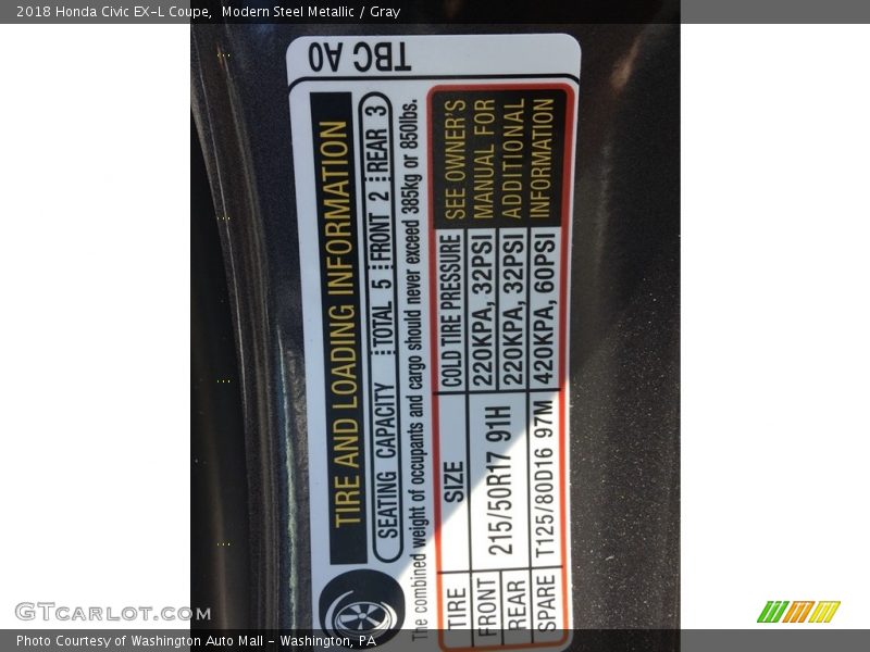 Modern Steel Metallic / Gray 2018 Honda Civic EX-L Coupe