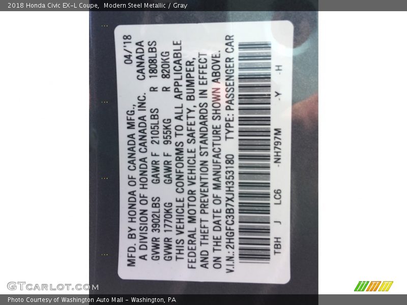 Modern Steel Metallic / Gray 2018 Honda Civic EX-L Coupe