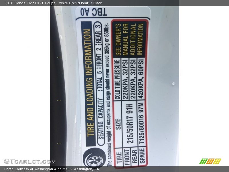 Info Tag of 2018 Civic EX-T Coupe