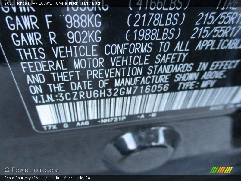 Crystal Black Pearl / Black 2016 Honda HR-V LX AWD