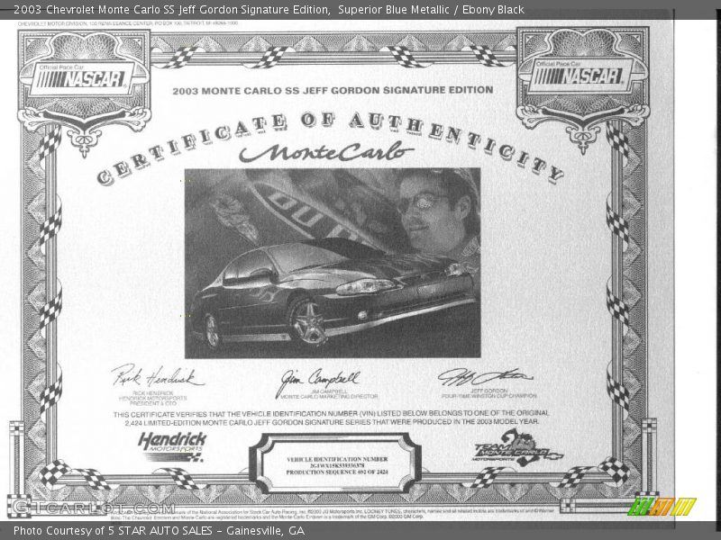 Superior Blue Metallic / Ebony Black 2003 Chevrolet Monte Carlo SS Jeff Gordon Signature Edition
