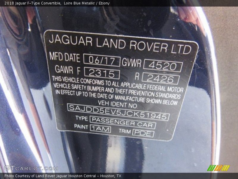 2018 F-Type Convertible Loire Blue Metallic Color Code 1AM
