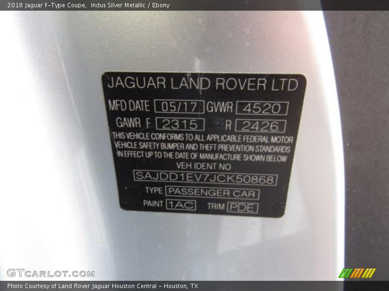 2018 F-Type Coupe Indus Silver Metallic Color Code 1AC