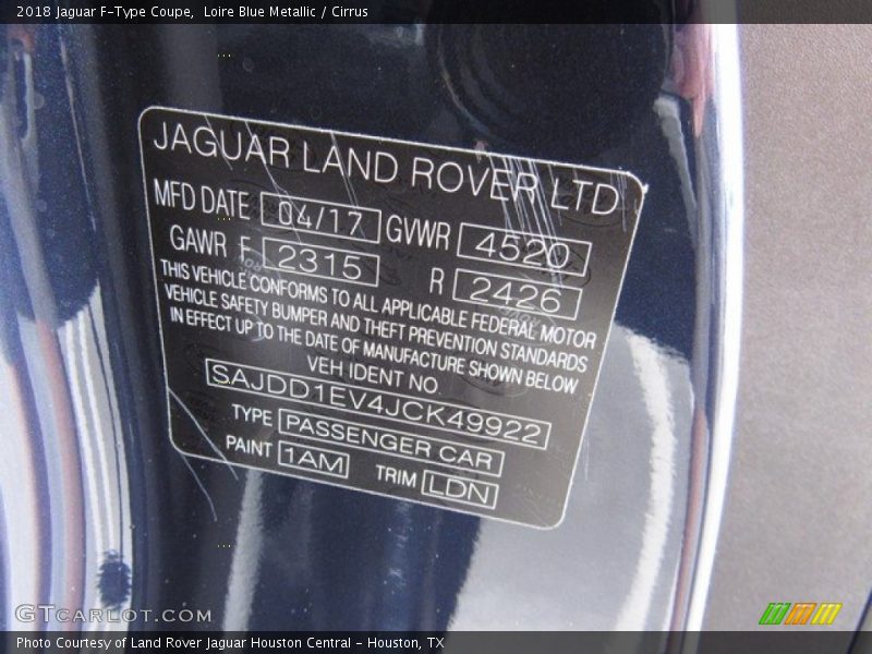 2018 F-Type Coupe Loire Blue Metallic Color Code 1AM