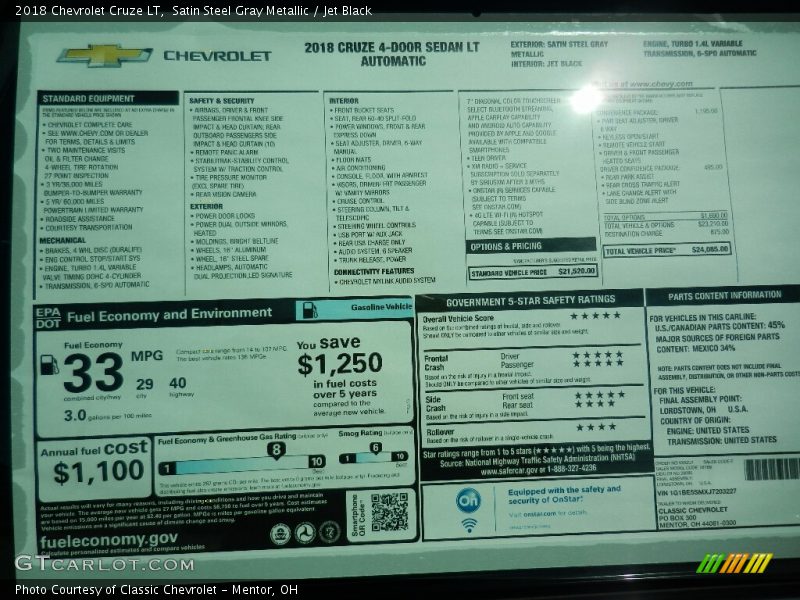 Satin Steel Gray Metallic / Jet Black 2018 Chevrolet Cruze LT